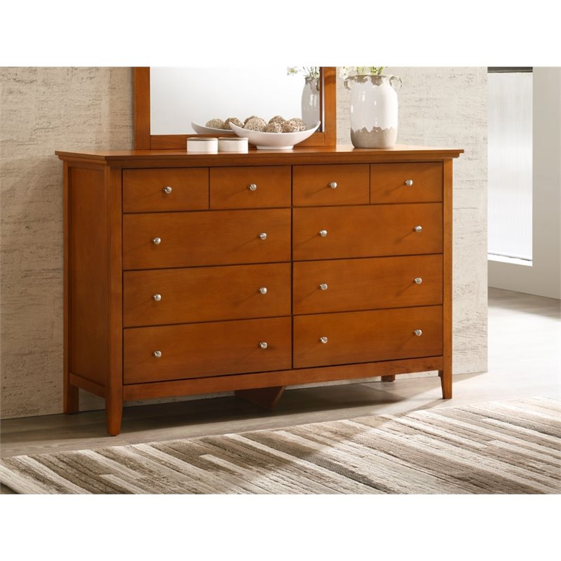 Home Square 3-Piece Set with 3-Drawer Nightstand Mirror 8-Drawer Dresser in Oak