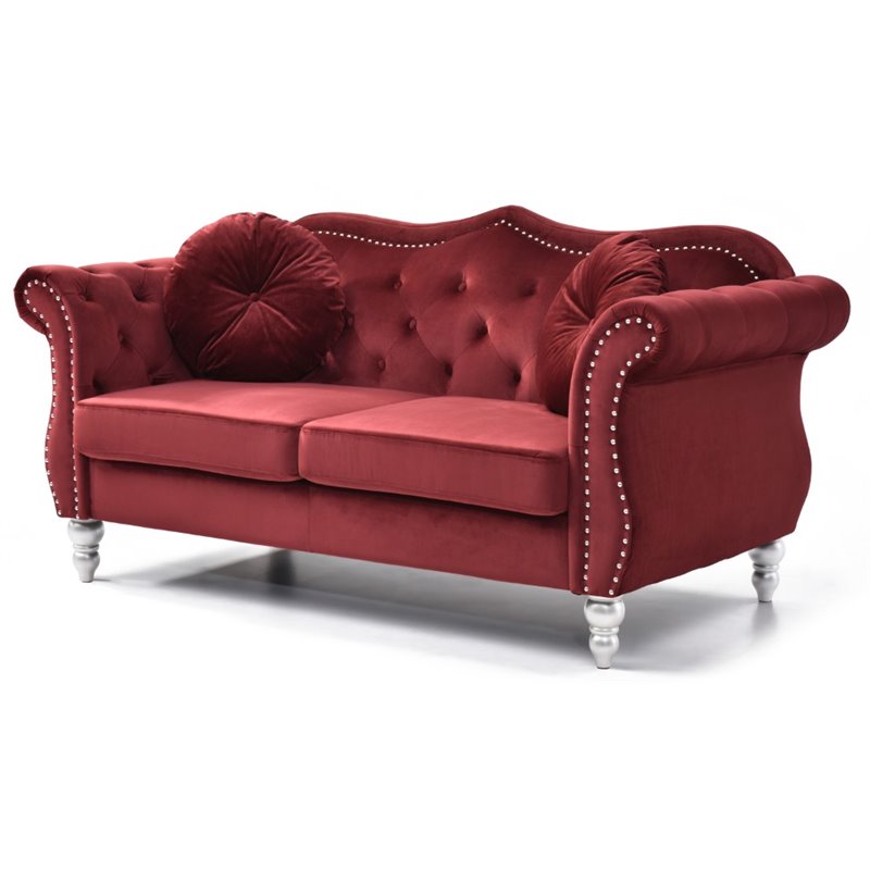 Home Square 2-Piece Set with Sofa Chaise and Loveseat in Burgundy