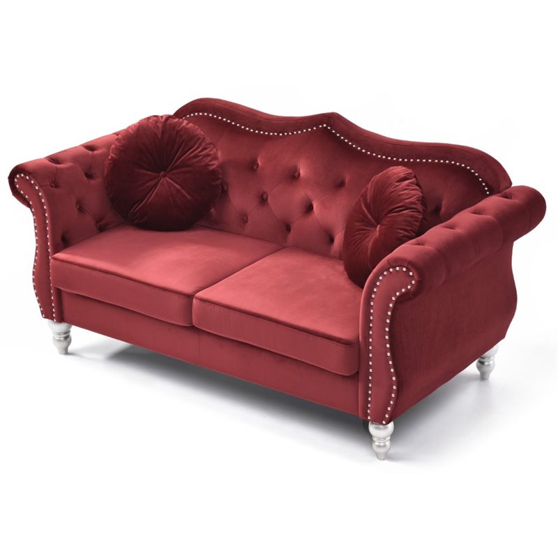 Home Square 2-Piece Set with Sofa Chaise and Loveseat in Burgundy
