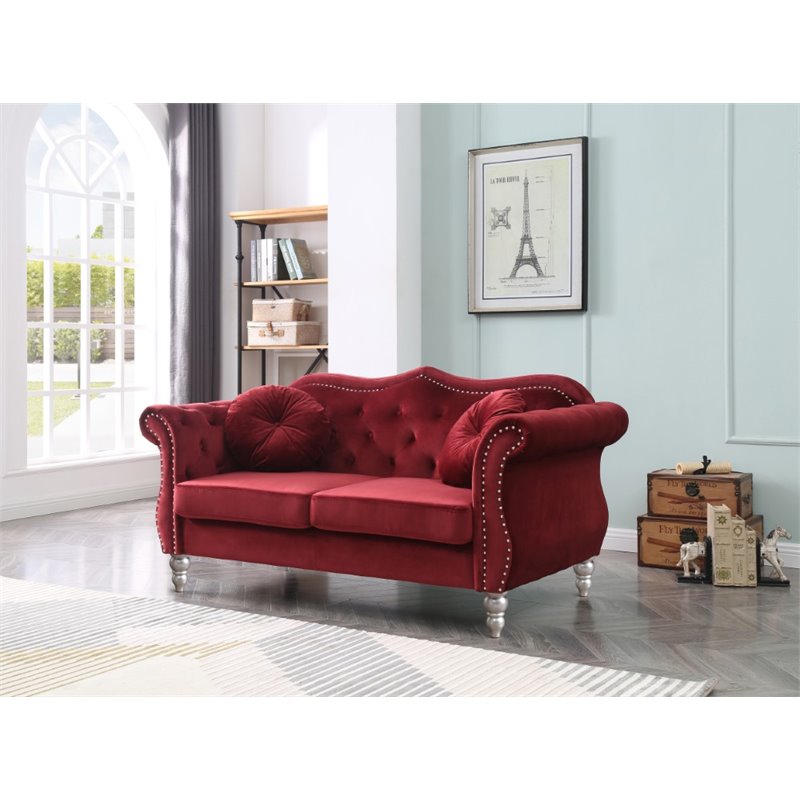Home Square 2-Piece Set with Sofa Chaise and Loveseat in Burgundy