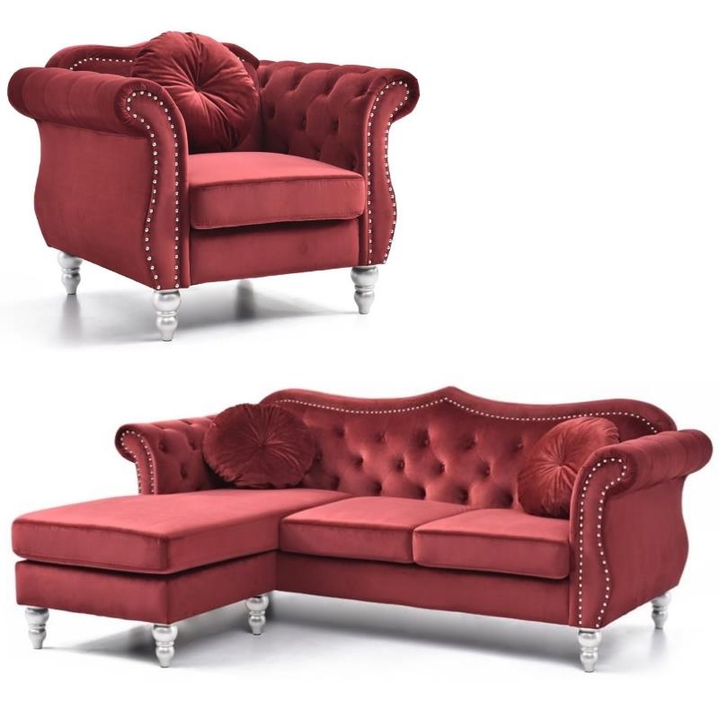 Home Square 2-Piece Set with Sofa Chaise and Chair in Burgundy