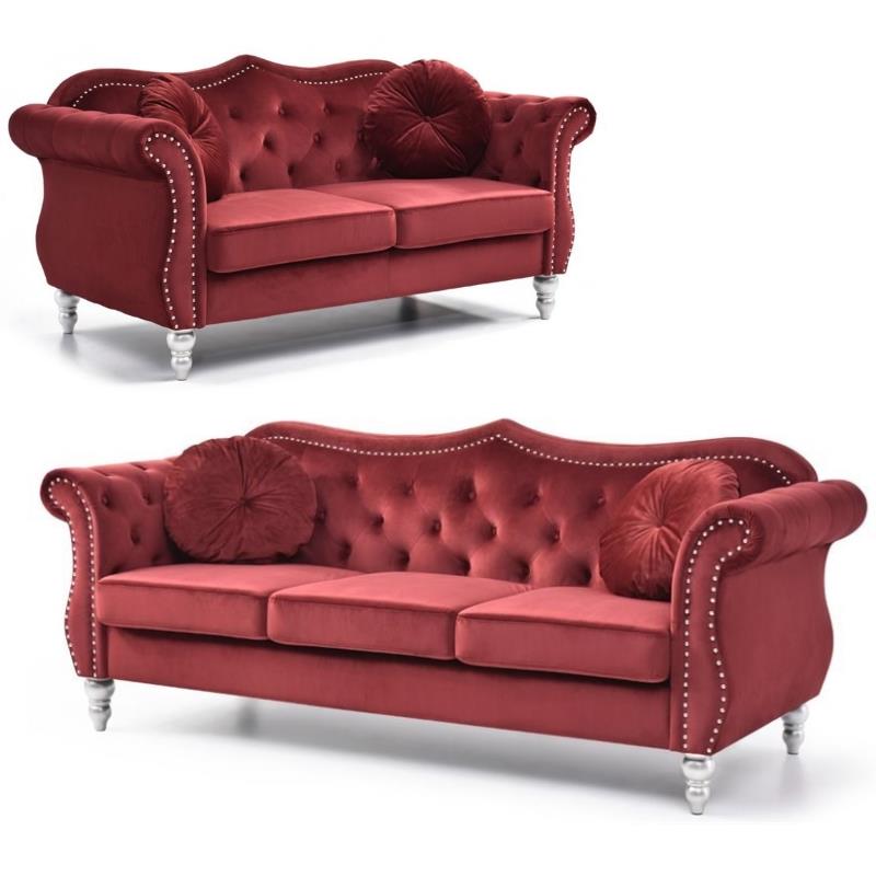 Home Square 2-Piece Furniture Set with Sofa and Loveseat in Burgundy