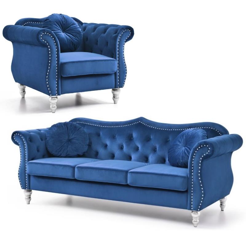 Home Square 2-Piece Furniture Set with Sofa and Chair in Navy Blue