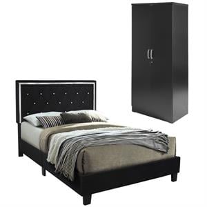 Home Square 2-Piece Set with Queen Platform Bed and Armoire Wardrobe Cabinet