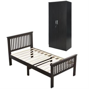 Home Square 2-Piece Set with Armoire Wardrobe Cabinet and Pine Twin Bed