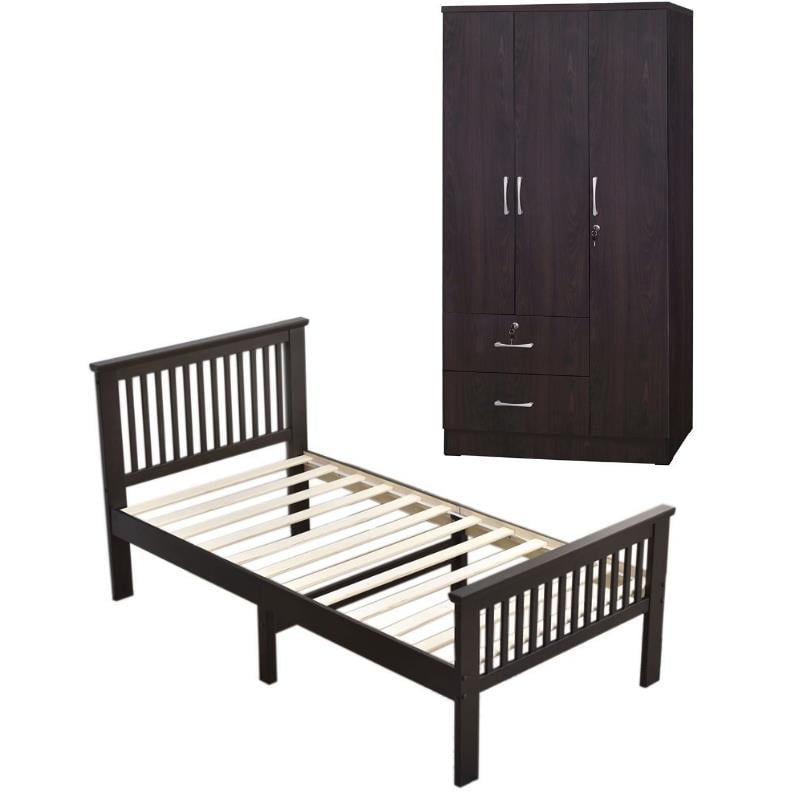 Home Square 2-Piece Set with Armoire Wardrobe Cabinet and Platform Pine Twin Bed