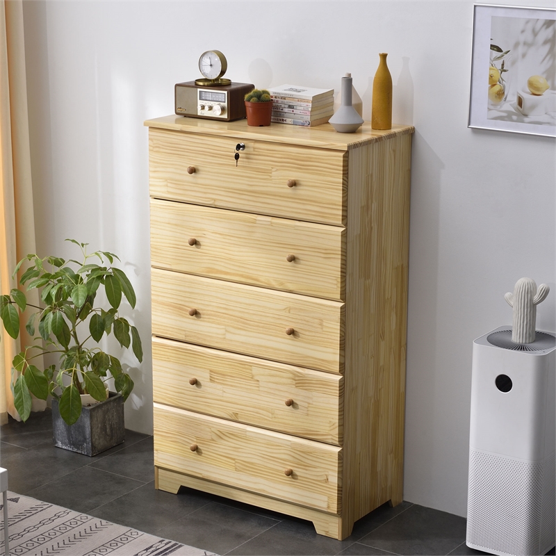 Home Square 2-Piece Set with 5-Drawer Chest Dresser and Pine Twin Bed in Natural