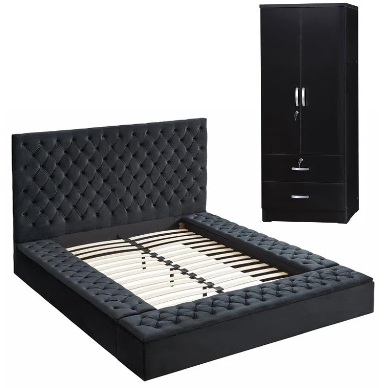 Home Square 2-Piece Set with Platform Queen Bed and 2-Door Wardrobe Armoire