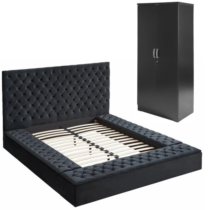 Home Square 2-Piece Set with Queen Bed & Armoire Wardrobe Cabinet in Black