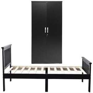 Home Square 2-Piece Set with Twin Bed & 2-Door Armoire Wardrobe Cabinet in Black