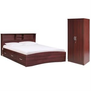 Home Square 2-Piece Set with Queen Bed and Armoire Wardrobe Cabinet in Mahogany