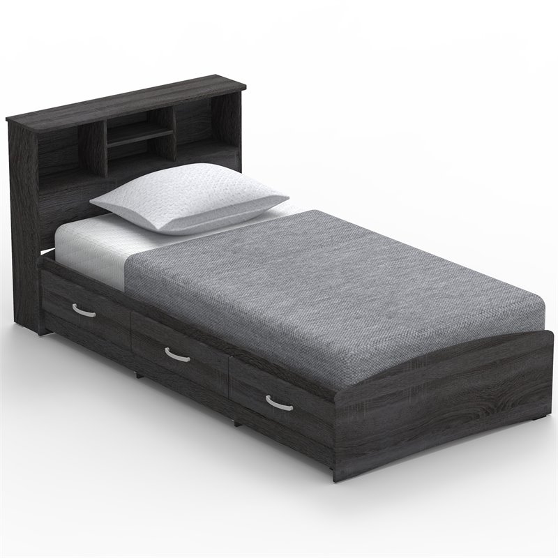 Home Square 2-Piece Set with Twin Captains Bed & 2-Door Wardrobe Armoire in Gray