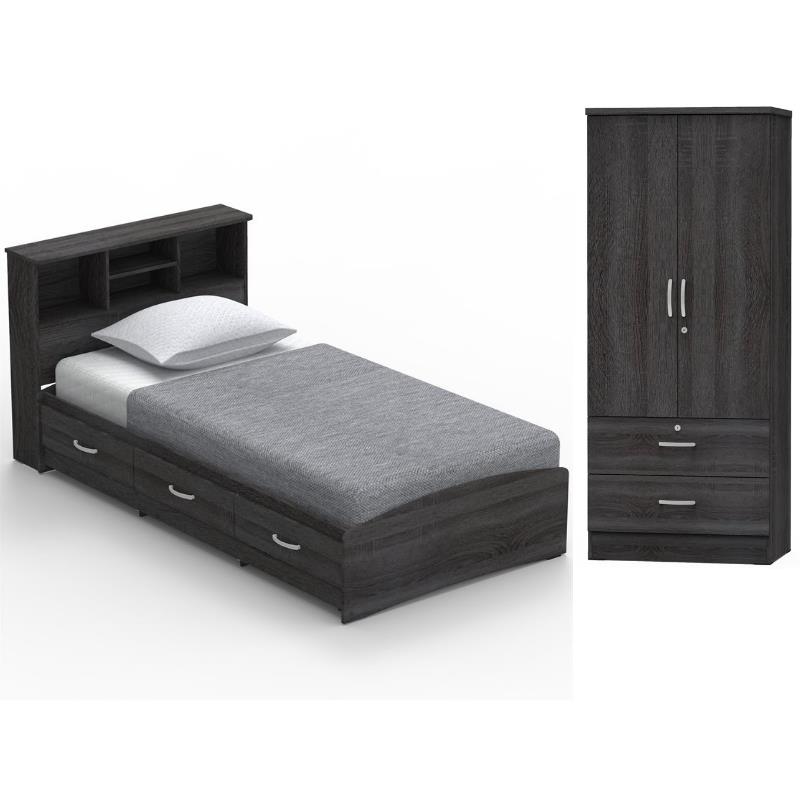 Home Square 2-Piece Set with Twin Captains Bed & 2-Door Wardrobe Armoire in Gray