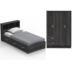 Home Square 2-Piece Set with Twin Captains Bed 4-Doors 2-Drawers Armoire in Gray