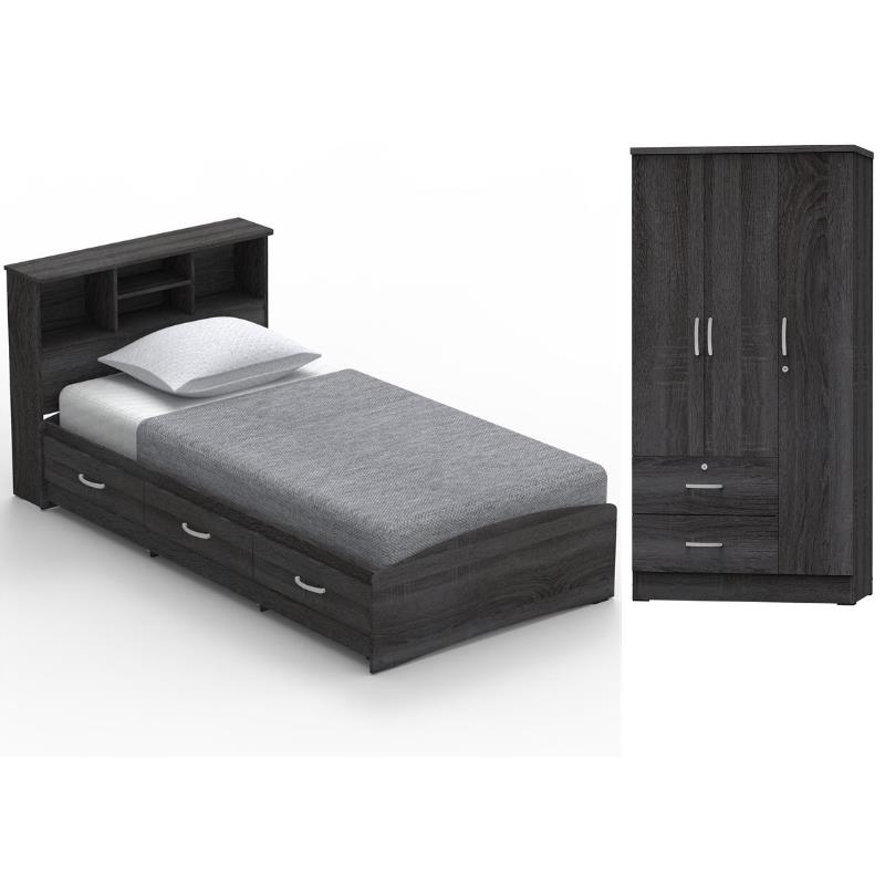 Home Square 2-Piece Set with Twin Captains Bed and Wardrobe Armoire Closet