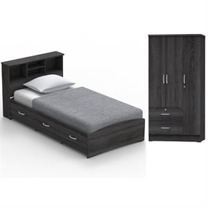 Home Square 2-Piece Set with Twin Captains Bed and Wardrobe Armoire Closet