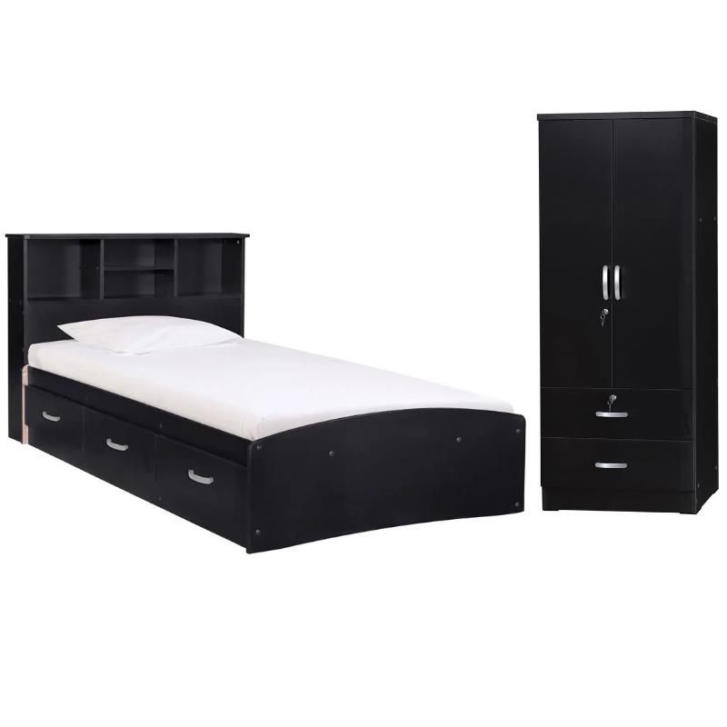Home Square 2-Piece Set with Twin Captains Bed and 2-Door Wardrobe Armoire