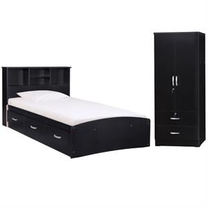 Home Square 2-Piece Set with Twin Captains Bed and 2-Door Wardrobe Armoire