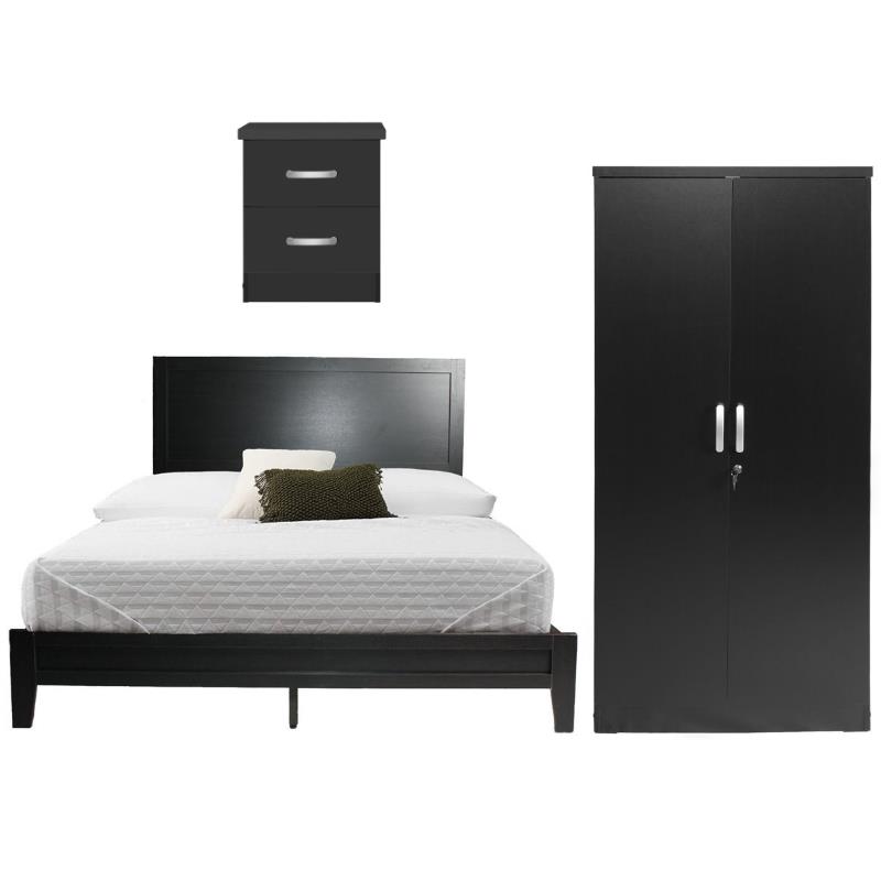 Home Square 3-Piece Set with Queen Bed Wardrobe Cabinet and Nightstand in Black