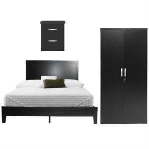 Home Square 3-Piece Set with Queen Bed Wardrobe Cabinet and Nightstand in Black