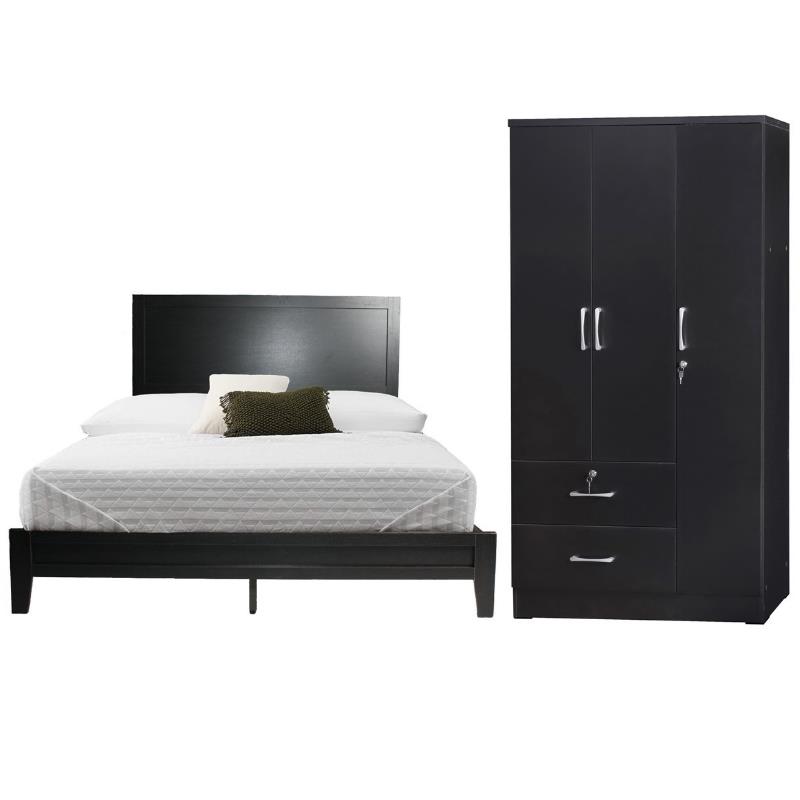 Home Square 2-Piece Set with Queen Platform Bed Wardrobe Armoire Closet in Black