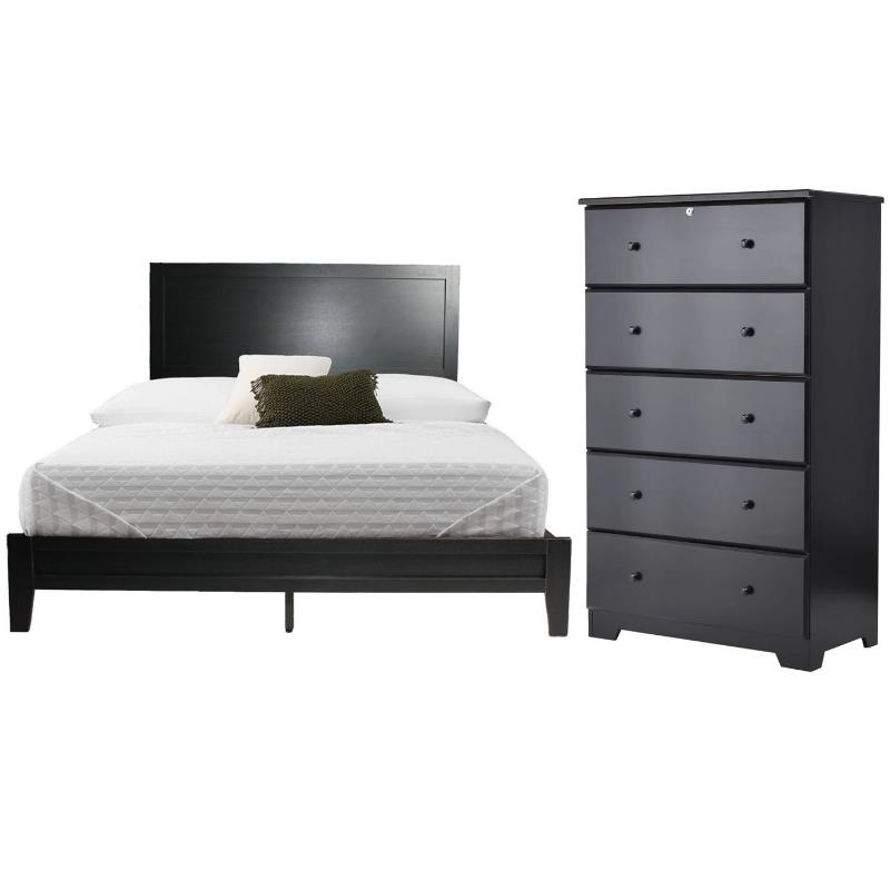 Home Square 2-Piece Set with Queen Platform Bed and 5-Drawer Dresser in Black
