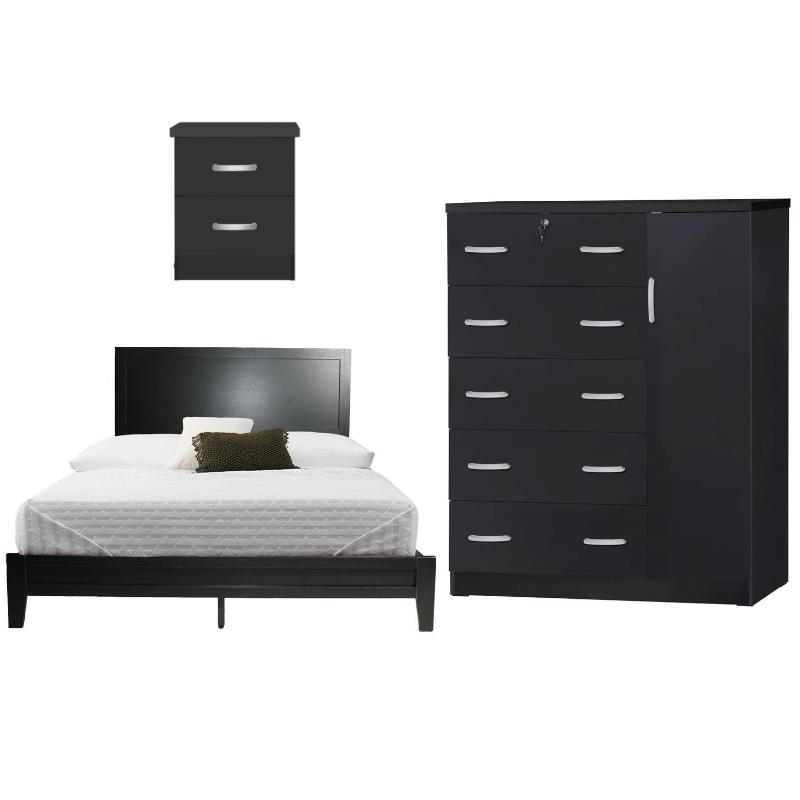 Home Square 3-Piece Set with Queen Bed Tall Chest Wardrobe & Nightstand in Black