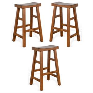Home Square 30&quot Saddle Seat Mahogany Wood Stool in Rustic Oak - Set of 3