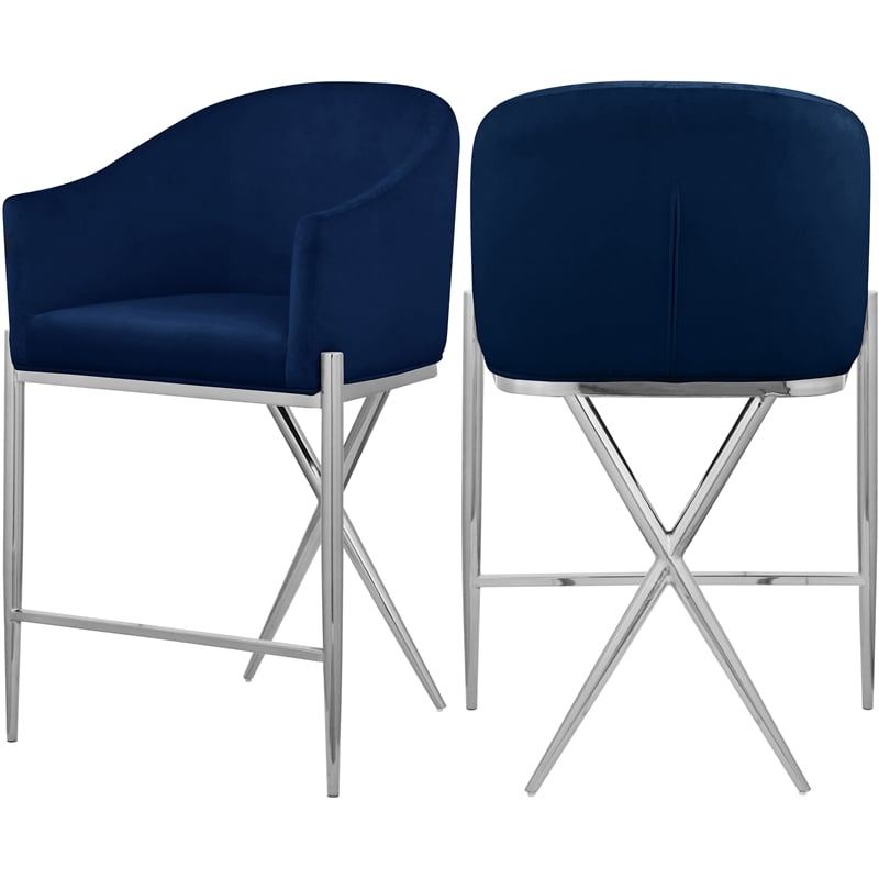 Home Square Navy Velvet Counter Stool with Chrome Metal Legs - Set of 2