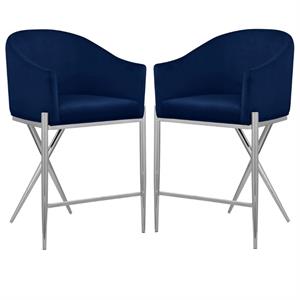 Home Square Navy Velvet Counter Stool with Chrome Metal Legs - Set of 2