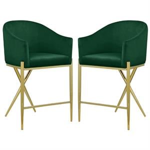 Home Square Green Velvet Counter Stool with Gold Metal Legs - Set of 2
