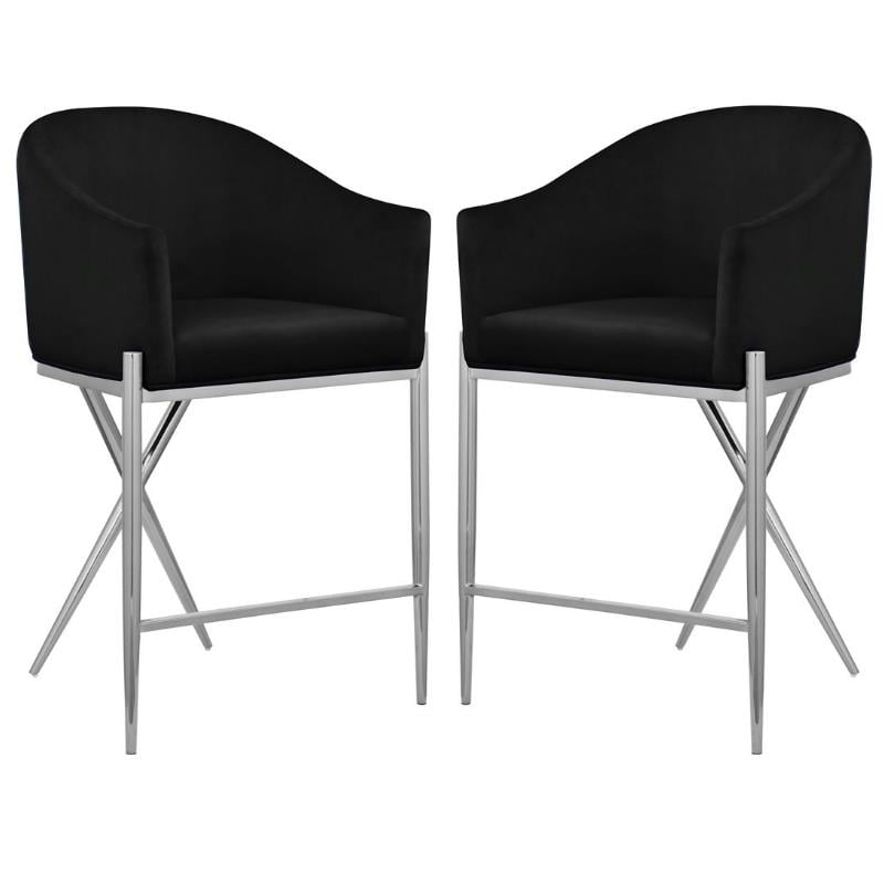 Home Square Black Velvet Counter Stool with Chrome Metal Legs - Set of 2