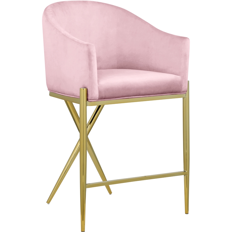 Home Square Pink Velvet Counter Stool with Gold Metal Legs - Set of 2