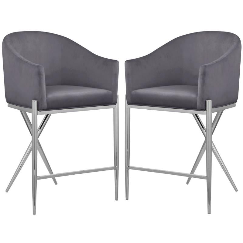 Home Square Gray Velvet Counter Stool with Chrome Metal Legs - Set of 2