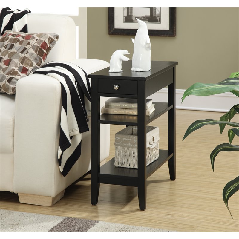 Home Square 3-Tier End Table with Drawer in Black Wood Finish - Set of 2