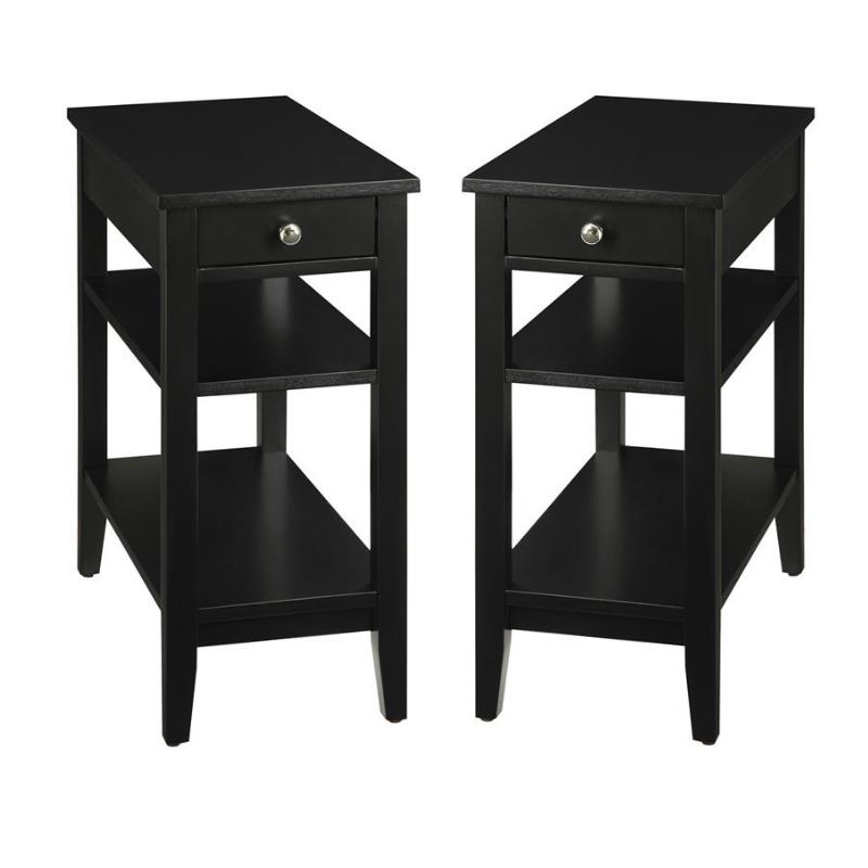 Home Square 3-Tier End Table with Drawer in Black Wood Finish - Set of 2