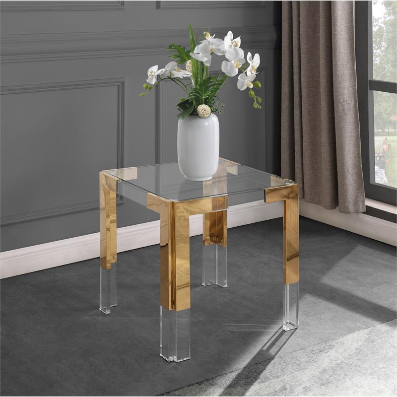 Home Square Squared Glass Top End Table in Gold - Set of 2