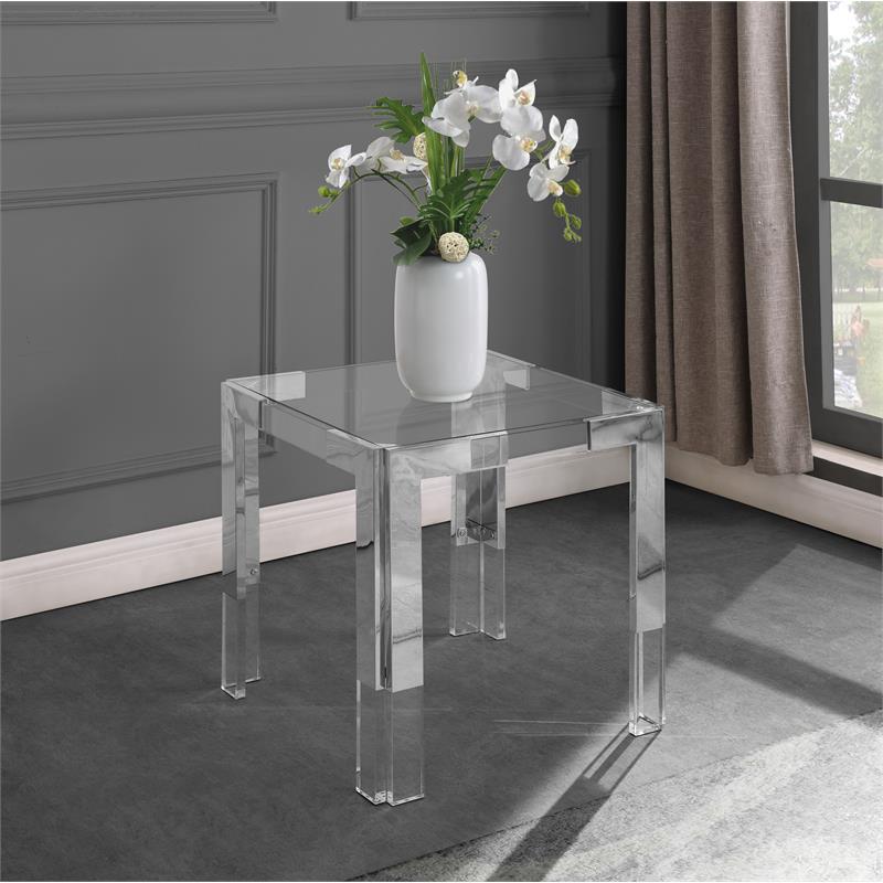 Home Square Squared Glass Top End Table in Chrome - Set of 2