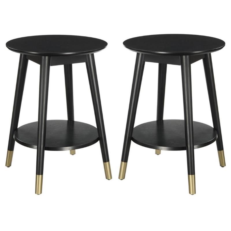 Home Square Wilson Mid-Century Round End Table in Black Wood Finish - Set of 2