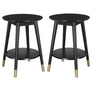 Home Square Wilson Mid-Century Round End Table in Black Wood Finish - Set of 2