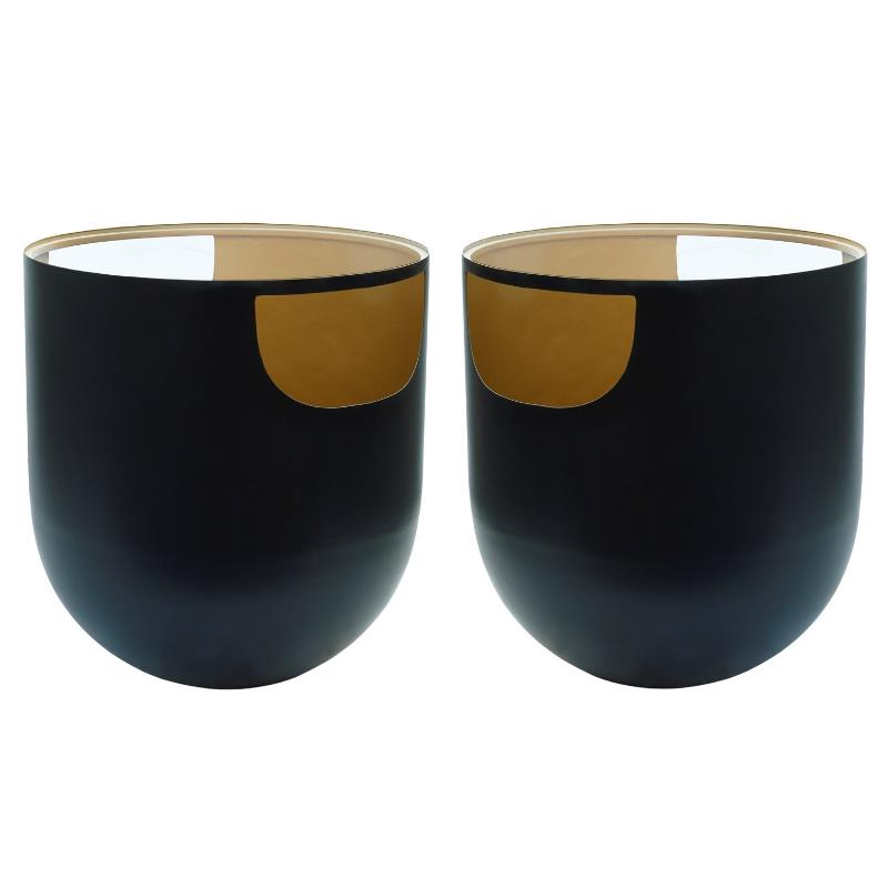 Home Square Round Matte Black Metal End Table with Glass Top - Set of 2