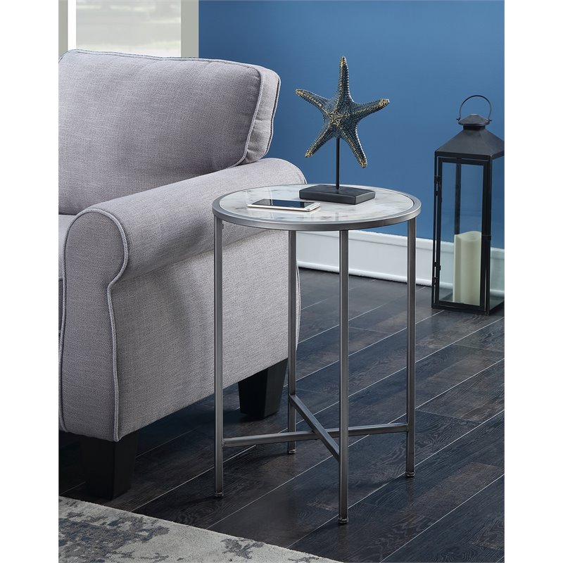 Home Square Faux Marble Round End Table in Silver Metal Frame - Set of 2