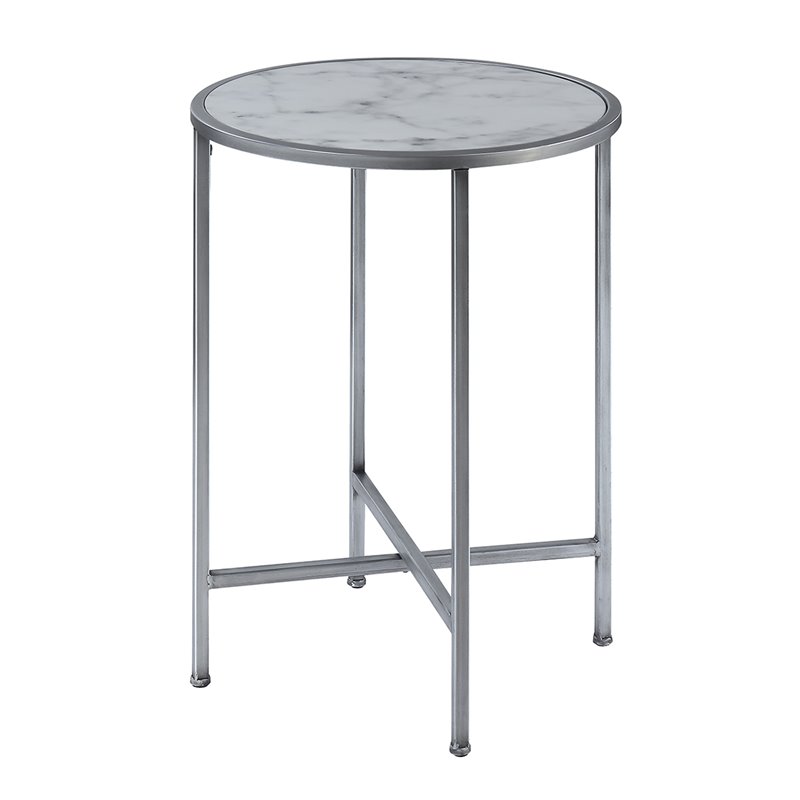Home Square Faux Marble Round End Table in Silver Metal Frame - Set of 2