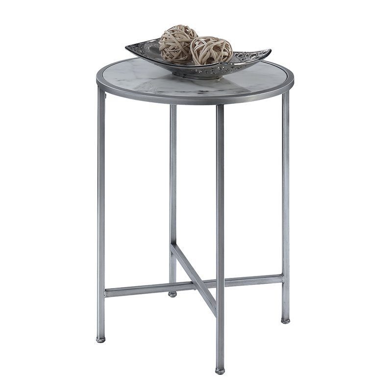 Home Square Faux Marble Round End Table in Silver Metal Frame - Set of 2