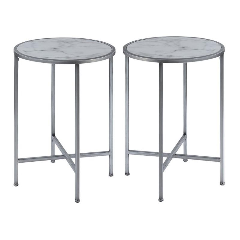Home Square Faux Marble Round End Table in Silver Metal Frame - Set of 2