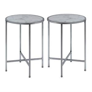 Home Square Faux Marble Round End Table in Silver Metal Frame - Set of 2