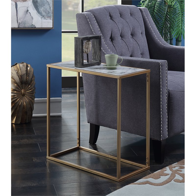 Home Square Faux Marble Chairside Table in Gold Metal Frame - Set of 2