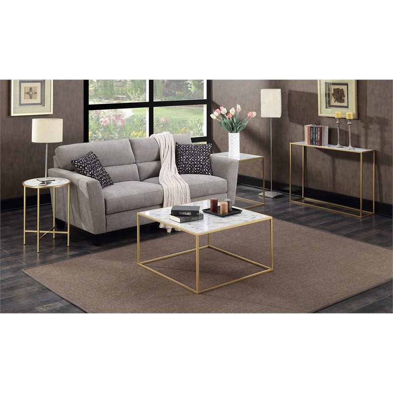 Home Square Faux Marble Chairside Table in Gold Metal Frame - Set of 2