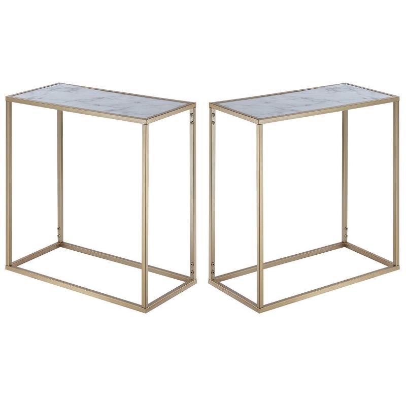Home Square Faux Marble Chairside Table in Gold Metal Frame - Set of 2