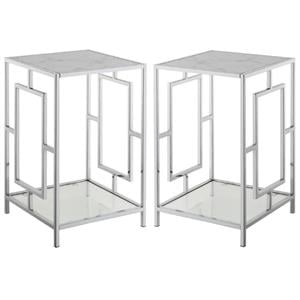 Home Square End Table with White Faux Marble Top and Clear Glass - Set of 2